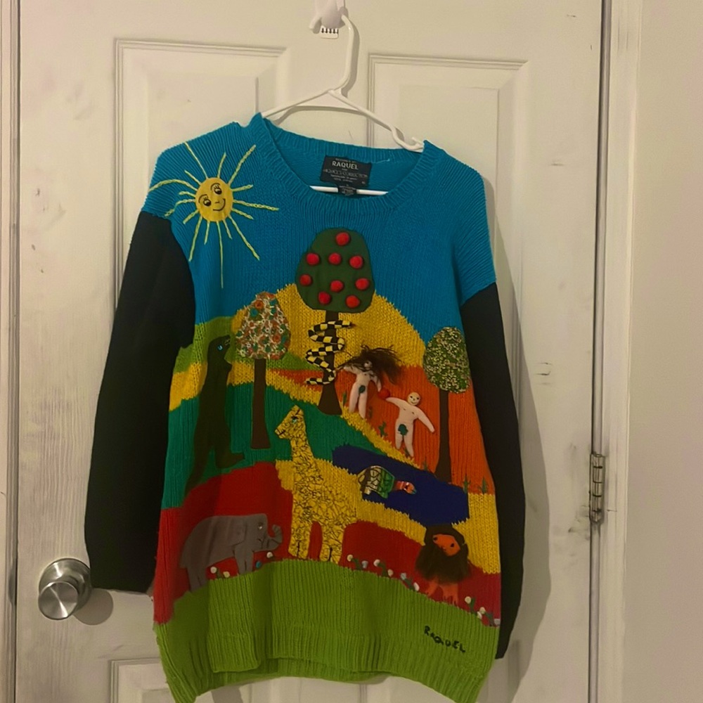 Raquel’s collection 3D Handmade VINTAGE RARE Sweater Adam&Eve in garden of Eden